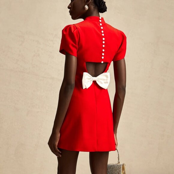 Miss Rosier Anna Red Petal-Sleeve Cut-Out Bow Mini Holiday Christmas Dress - Picture 1 of 4